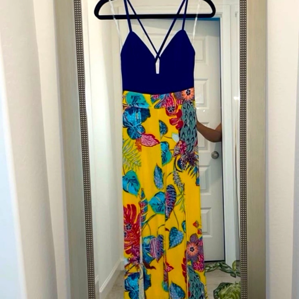 Doe & Rae Blue and Yellow Floral Jumpsuit